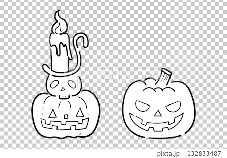 Jack-o'-lantern candle and pumpkin ghost illustration (line drawing) 132833487