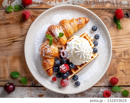 ベリーが乗ったクロワッサンワッフル 132833628