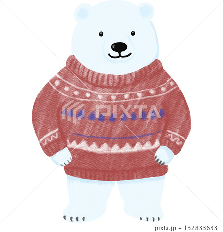 Adorable illustration of a polar bear wearing a cozy red patterned sweater, painted by color pencil.  132833633