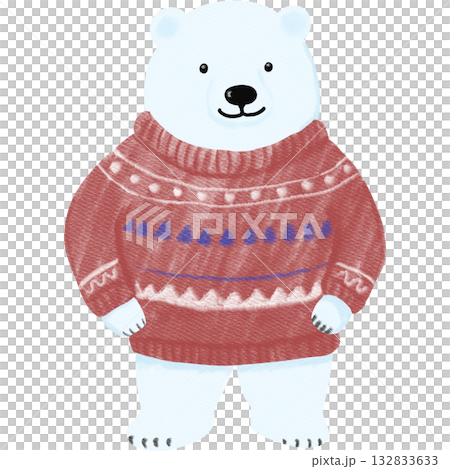 Adorable illustration of a polar bear wearing a cozy red patterned sweater, painted by color pencil.  132833633