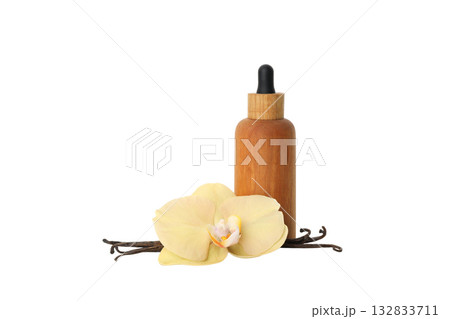 Vanilla essence with orchid and pods, isolated on white, PNG Vanilla essence with orchid and pods, isolated on white, PNG 132833711