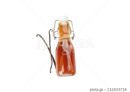 Clear bottle of vanilla extract with beans, isolated on white, PNG 132833716