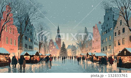 雪降るクリスマスマーケットの風景 雪降るクリスマスマーケットの風景 132833761