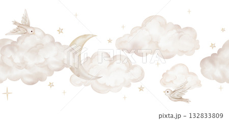 Horizon seamless border with hand drawn watercolor illustration of the moon with stars and clouds for nursery wall art in light pastel beige yellow colour. Sky with birds for dreamy atmosphere. Horizon seamless border with hand drawn watercolor illustration of the moon with stars and clouds for nursery wall art in light pastel beige yellow colour. Sky with birds for dreamy atmosphere. 132833809
