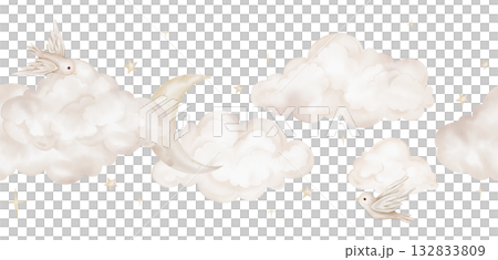 Horizon seamless border with hand drawn watercolor illustration of the moon with stars and clouds for nursery wall art in light pastel beige yellow colour. Sky with birds for dreamy atmosphere. 132833809
