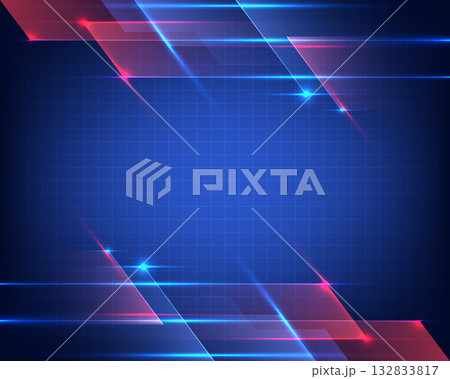 Futuristic Abstract Technology Background with Geometric Blue and Red Light Lines and Subtle Digital Grid Pattern 132833817