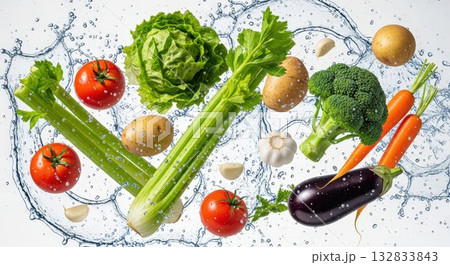 みずみずしい野菜が宙に舞うフレッシュ接写イメージ 132833843