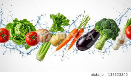 みずみずしい野菜が宙に舞うフレッシュ接写イメージ みずみずしい野菜が宙に舞うフレッシュ接写イメージ 132833846