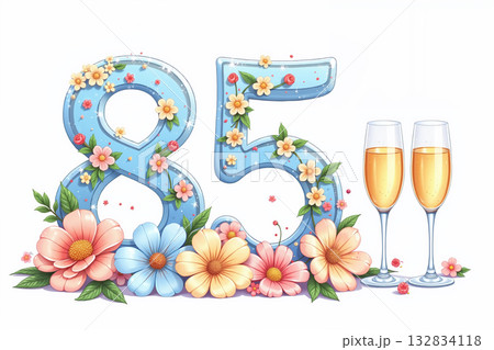 Vibrant 85 birthday scene with flowers and champagne. 132834118