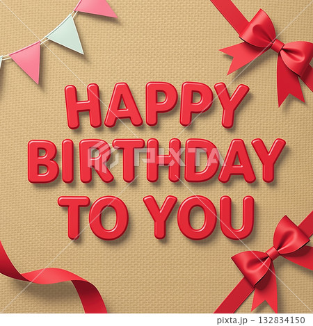 Red text on brown background with ribbons and bunting. 132834150