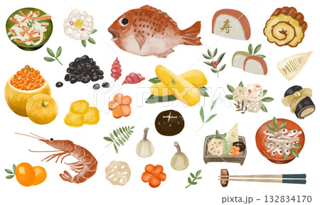 水彩の優しいタッチで描いたおせち料理セット（お正月・和食の縁起物パーツイラスト集） 132834170
