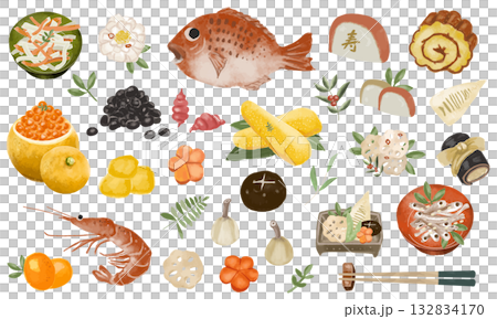 水彩の優しいタッチで描いたおせち料理セット（お正月・和食の縁起物パーツイラスト集） 132834170