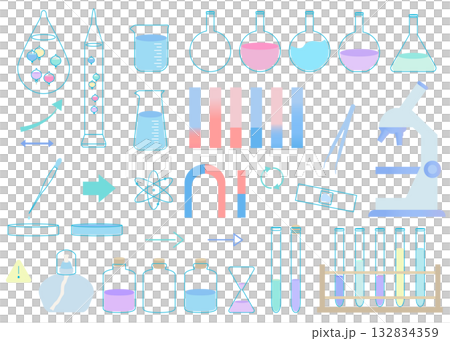 科學主題插圖套裝：試管、石蕊試紙、磁鐵、伽利略溫度計、顯微鏡 132834359
