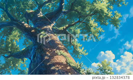 夏の巨大な木の幹を見上げる、アニメ風 夏の巨大な木の幹を見上げる、アニメ風 132834378