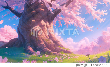 巨大な桜の幹、アニメ風 132834382