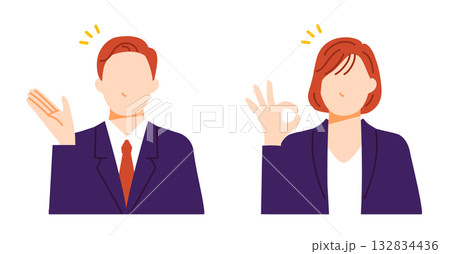 スーツを着た男女が案内やOKサインをしているイラスト。ビジネスシーンのポーズ。 132834436