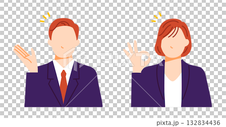スーツを着た男女が案内やOKサインをしているイラスト。ビジネスシーンのポーズ。 132834436