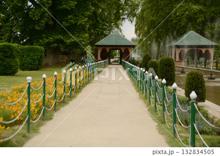 Shalimar Bagh is a beautiful Mughal garden in Srinagar, Jammu and Kashmir, India. It is a garden with fountains, ponds and various plants. 132834505