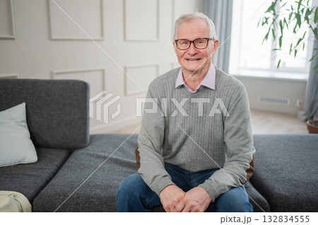 Portrait of confident stylish European middle aged senior man at home. Older mature 70s man smiling. Happy attractive senior grandfather looking camera close up face headshot portrait. Happy people Portrait of confident stylish European middle aged senior man at home. Older mature 70s man smiling. Happy attractive senior grandfather looking camera close up face headshot portrait. Happy people 132834555