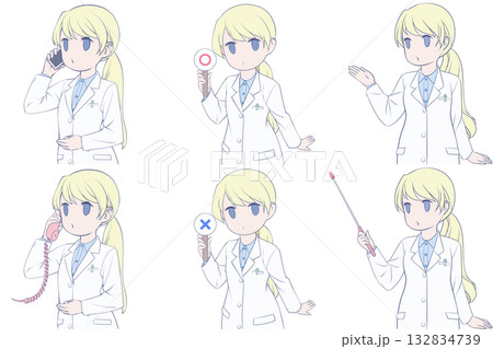 電話をかける、マルバツ棒を持つ、案内する若い女性薬剤師。白衣を着た女性のクリップアート6点セット 電話をかける、マルバツ棒を持つ、案内する若い女性薬剤師。白衣を着た女性のクリップアート6点セット 132834739