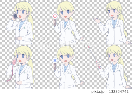 一位年輕的女藥劑師正在打電話，手裡拿著一個勾號，並給予指示。一套六張身穿白大褂的女性剪貼畫。 132834741