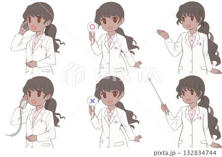 電話をかける、マルバツ棒を持つ、案内する若い女性薬剤師。白衣を着た女性のクリップアート6点セット 132834744