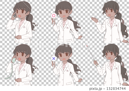 一位年輕的女藥劑師正在打電話，手裡拿著一個勾號，並給予指示。一套六張身穿白大褂的女性剪貼畫。 132834744