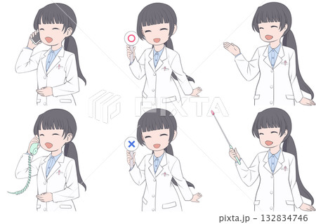 電話をかける、マルバツ棒を持つ、案内する若い女性薬剤師。白衣を着た女性のクリップアート6点セット 132834746