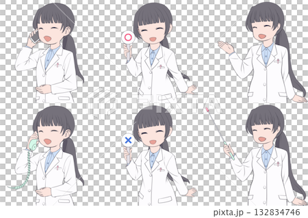 一位年輕的女藥劑師正在打電話，手裡拿著一個勾號，並給予指示。一套六張身穿白大褂的女性剪貼畫。 132834746