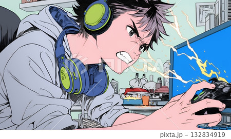 対戦型テレビゲームに没頭している若い男性