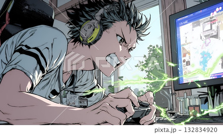 対戦型テレビゲームに没頭している若い男性