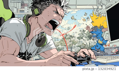 対戦型テレビゲームに没頭している若い男性