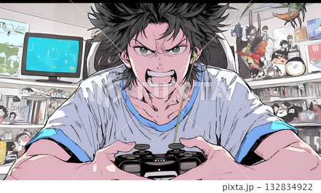 対戦型テレビゲームに没頭している若い男性