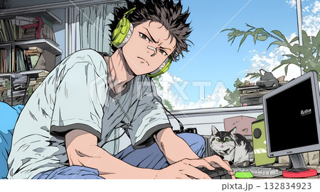 対戦型テレビゲームに没頭している若い男性 132834923