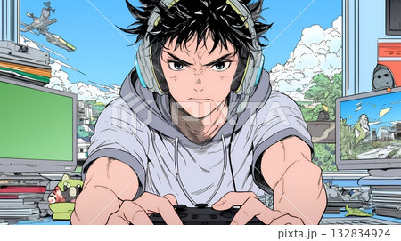 対戦型テレビゲームに没頭している若い男性