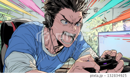 対戦型テレビゲームに没頭している若い男性