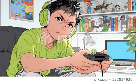 対戦型テレビゲームに没頭している若い男性