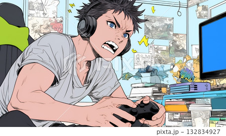 対戦型テレビゲームに没頭している若い男性