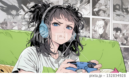 対戦型テレビゲームに没頭している若い女性