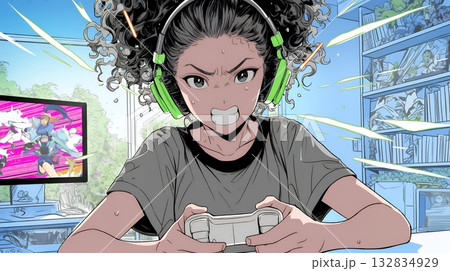 対戦型テレビゲームに没頭している若い女性 132834929