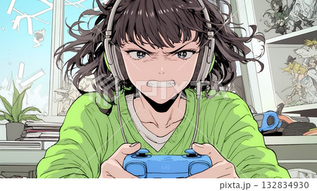 対戦型テレビゲームに没頭している若い女性 132834930