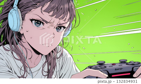 対戦型テレビゲームに没頭している若い女性