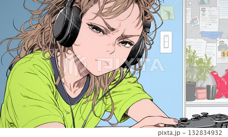 対戦型テレビゲームに没頭している若い女性 132834932