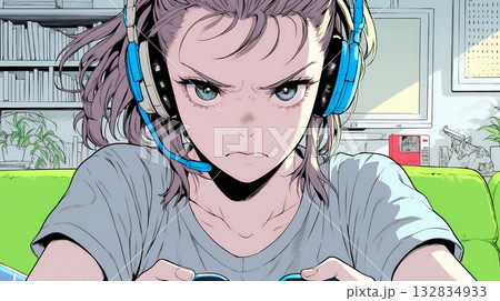 対戦型テレビゲームに没頭している若い女性