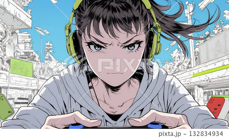 対戦型テレビゲームに没頭している若い女性