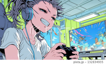 対戦型テレビゲームに没頭している若い女性