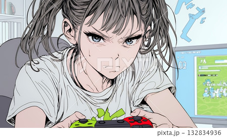 対戦型テレビゲームに没頭している若い女性