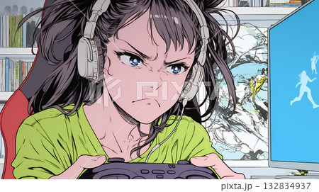 対戦型テレビゲームに没頭している若い女性