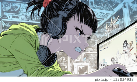 対戦型テレビゲームに没頭している若い女性