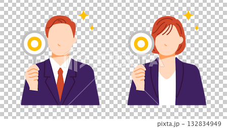 Illustration of male and female business people wearing suits with round panels 132834949
